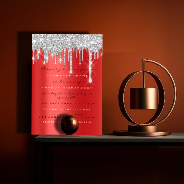 Invitation Paillettes scintillantes argent rouge gris 16ème m (Spark Glitter Drip Silver Red Gray Bridal 16th Invitation)