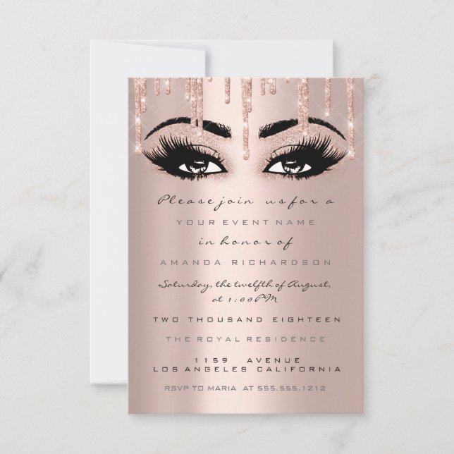 Invitation Paillettes scintillantes gouttes de rose cil forma (Devant)