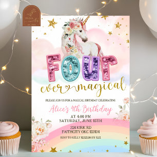 Invitation Paillettes scintillantes Licorne Magique 4ème anni