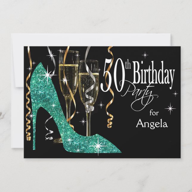 Invitation Paillettes Talon Champagne 50e Anniversaire Bleu s (Devant)