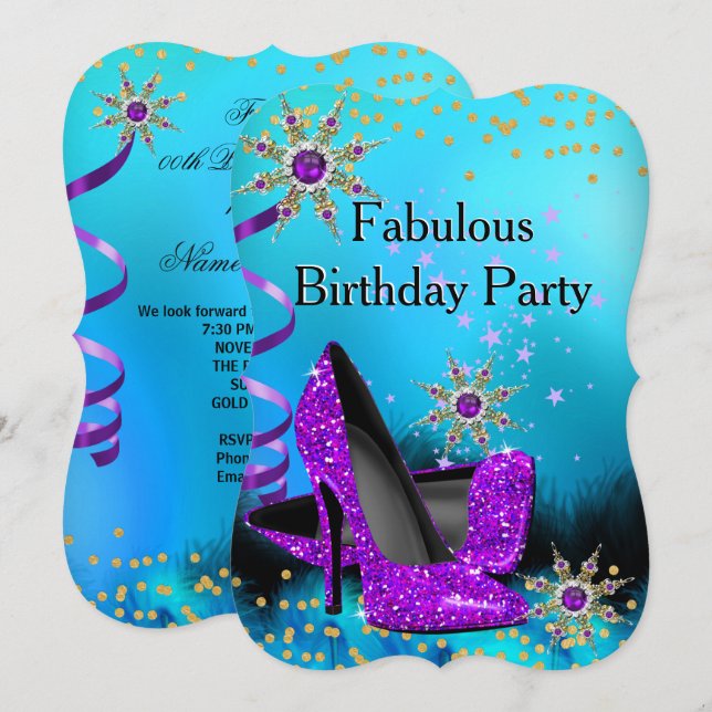 Invitation Paillettes Talons Hauts Bleu Turquoise Violet Fête (Devant / Derrière)