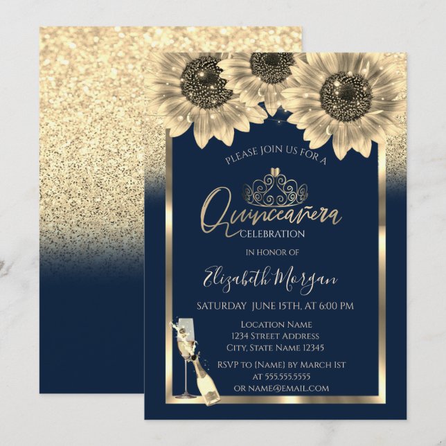 Invitation Paillettes, Tournesols, Diadème en verre bleu pour (Devant / Derrière)