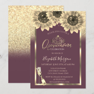 Invitation Paillettes,Tournesols,Tiara Burgundy Quinceanera