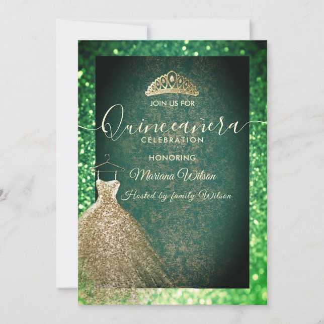 Invitation Paillettes Vert chic Or robe tiara Quinceañera (Devant)