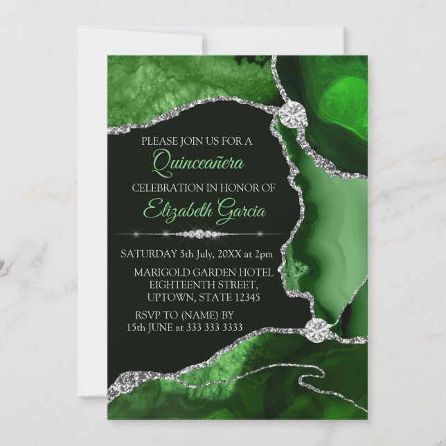 Invitation Paillettes Vertes et Argentées Agate Quinceanera (Devant)
