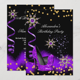 Invitation Paillettes Violet Talon Haut Noir Or Fête d'annive