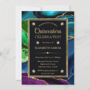 Invitation Paillettes violettes, bleues et vertes Quinceanera