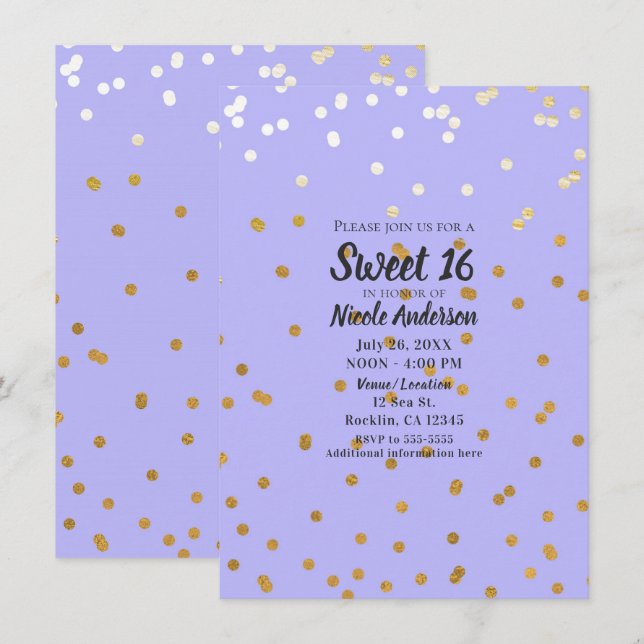 Invitation Paillettes violettes et orées Points de confettis  (Devant / Derrière)