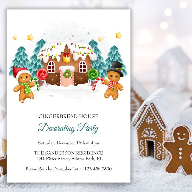 Invitation Pain d'épices d'aquarelle Décoration Noël (Watercolor Gingerbread Decorating Christmas Party Invitation)