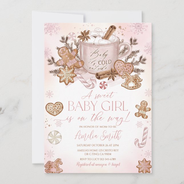 Invitation Pain d'épices Homme Fille Baby shower de Noël rose (Devant)