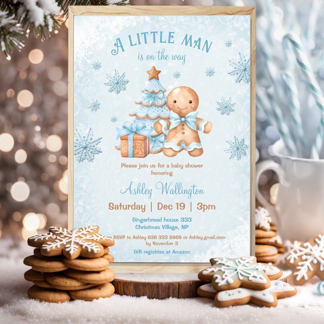 Invitation Pain d'épices Homme garçon Baby shower de Noël ble (Gingerbread Man Boy Blue Christmas Baby Shower Invitation)