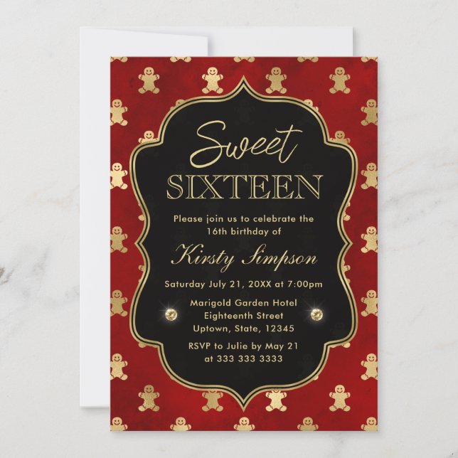 Invitation Pain d'hiver rouge et or Hommes Sweet 16 (Devant)