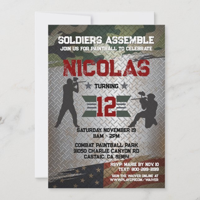 Invitation Painball Anniversaire Partie Militaire Camo USA In (Devant)
