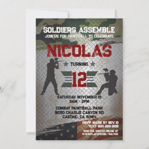 Invitation Painball Anniversaire Partie Militaire Camo USA In
