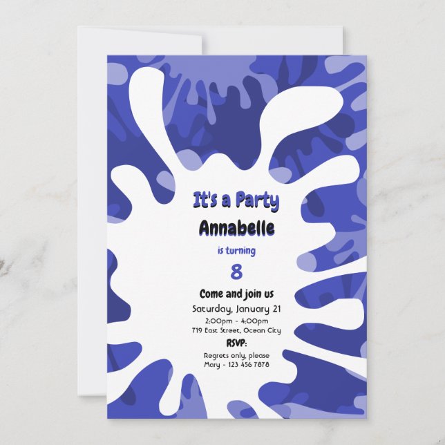 Invitation Paint Drops C'est une fête Bleu Art Anniversaire (Devant)