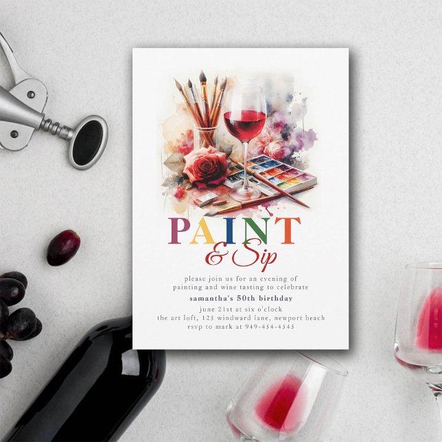 Invitation Paint & Sip Vin Art Painting Party 50e anniversair (paint and sip birthday party 50th women wine winery art painting invitation)