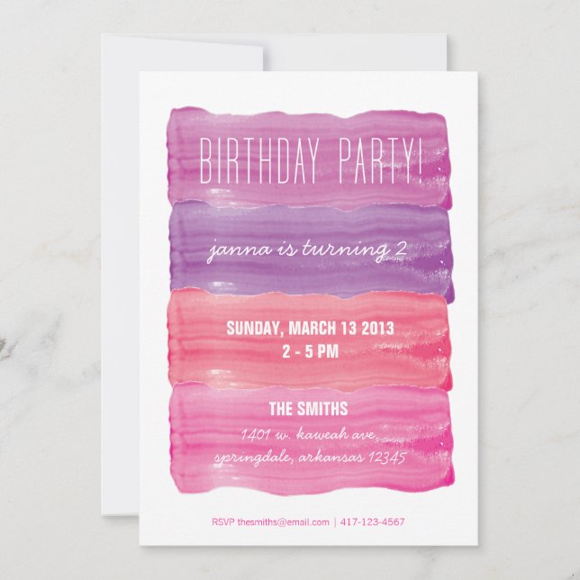Invitation Paint Strokes Girls Anniversaire Party (Devant)