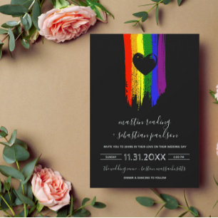 Invitation Paint Strokes Pride Drapeau & Black Heart Mariage