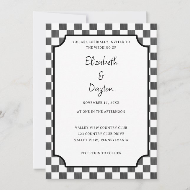 Invitation Painted Black Checkerboard Pattern Wedding (Devant)