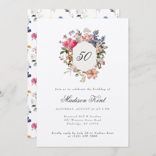 Invitation Painted Floral Crest 50e anniversaire fête (Devant / Derrière)