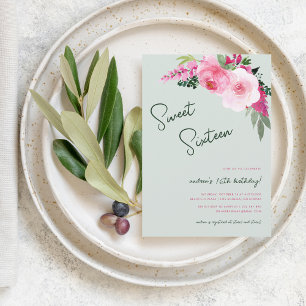 Invitation Painted Floral Rose Vert Douceur 16 Anniversaire