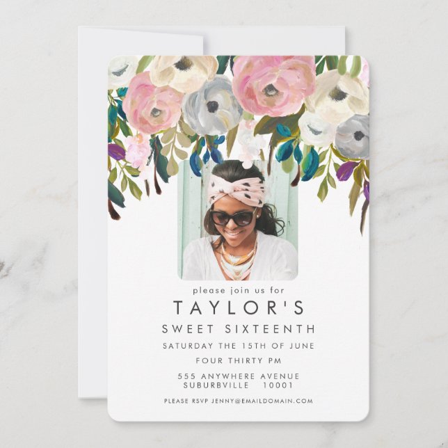 Invitation Painted Floral Sweet 16 Anniversaire Photo (Devant)
