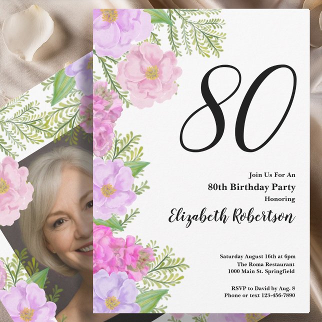 Invitation Painted Flower Custom Photo Template 80th Birthday (Créateur téléchargé)
