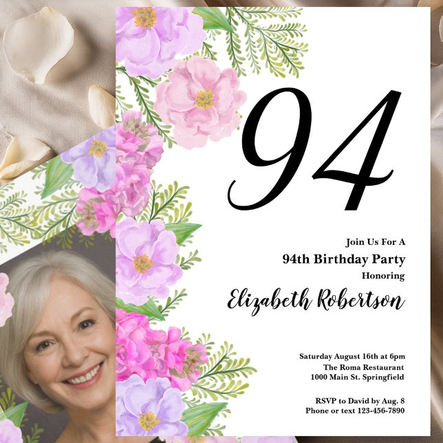 Invitation Painted Flower Custom Photo Template 94th Birthday (Créateur téléchargé)
