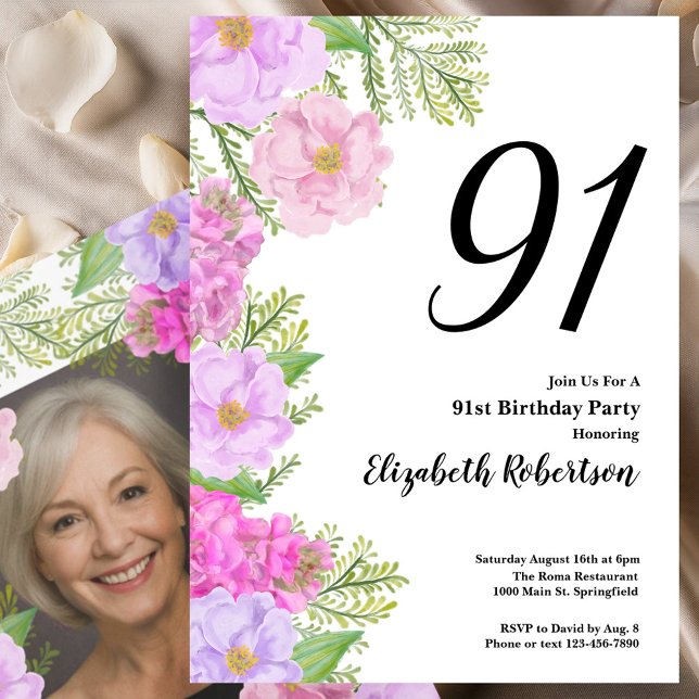 Invitation Painted Flower Custom Photo Template 94th Birthday (Créateur téléchargé)