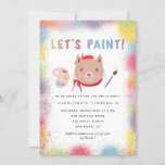 Invitation Painting Art Party Kids Birthday Kitty Cat<br><div class="desc">Cute and colorful birthday party invitation template card featuring rainbow color paints with faux gold glitters around the card with a colorful text that says "LET'S PAINT." There is also a cute cat with red beret hat and scarf, painting palette, and painting brush. The message at the top says "We're...</div>