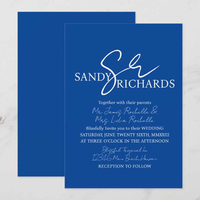 Invitation Paire de monogrammes bleu blanc écriture mariage   (Devant / Derrière)