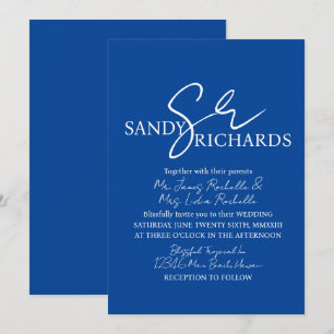 Invitation Paire de monogrammes bleu blanc écriture mariage