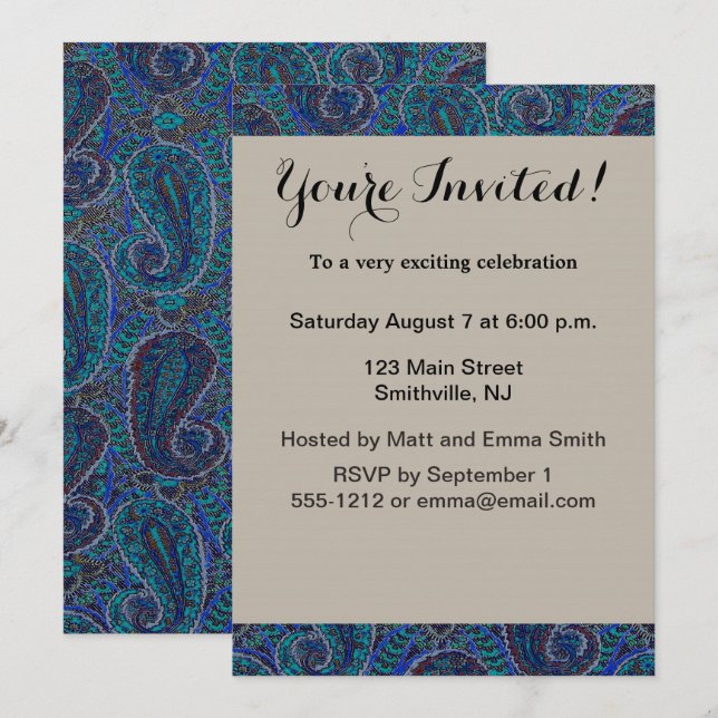Invitation Paisley Blue Indian Boho Motif (Devant / Derrière)