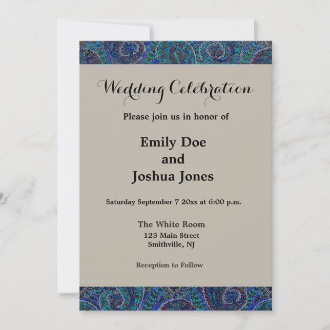 Invitation Paisley Blue Indian Boho Motif (Devant)