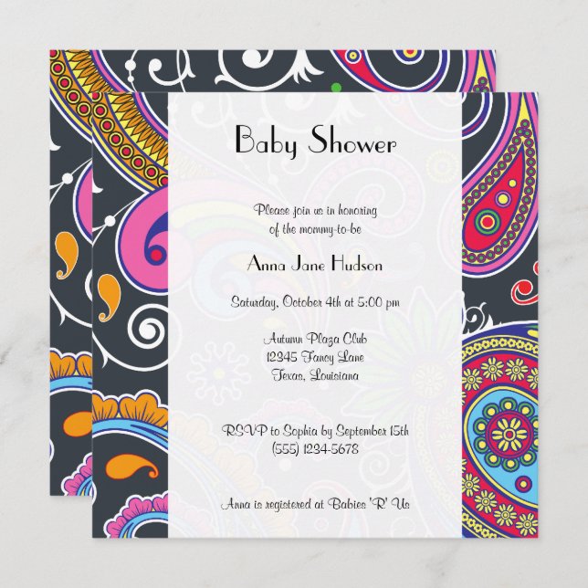 Invitation Paisley colorée, Motif Paisley, Baby shower (Devant / Derrière)