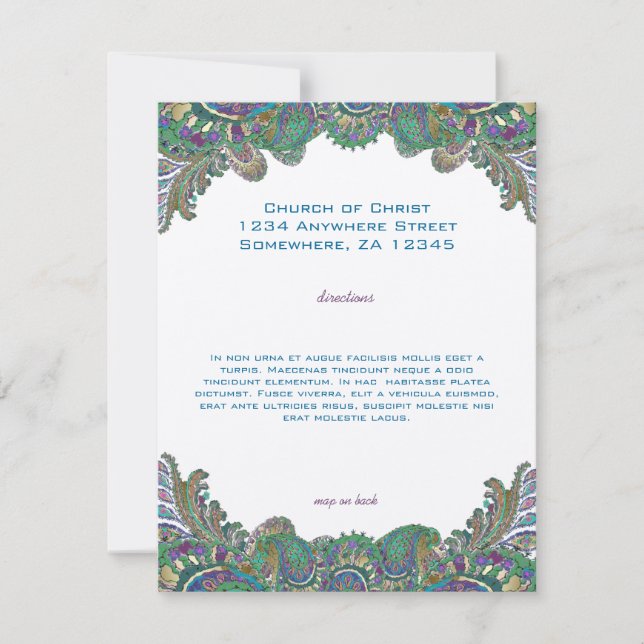 Invitation Paisley Peacock Couleurs Mariage Direction Récepti (Devant)