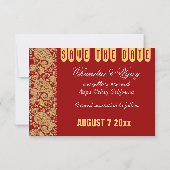 Invitation Paisley rouge et or Enregistrer le mariage de date (Devant)