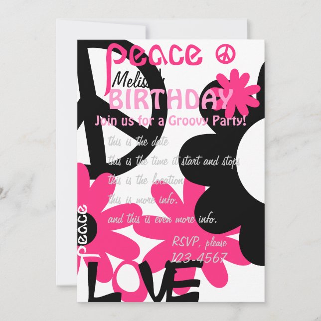 Invitation Paix, Amour et Fête en rose et noir chaud (Devant)