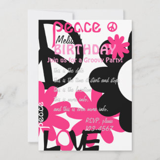 Invitation Paix, Amour et Fête en rose et noir chaud