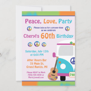 Invitation Paix, Amour, Fête Hippie Tie Dye Anniversaire