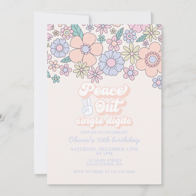 Invitation Paix dehors simple chiffres Rétro 10e anniversaire (Devant)