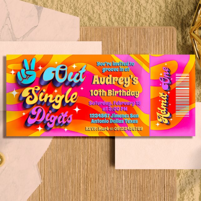 Invitation Paix Simple Chiffre J'ai 10 Ans Billet (Peace Out Single Digits - Groovy Retro 10th Birthday Ticket Invitation )
