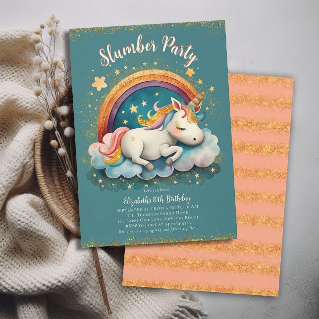 Invitation Pajama de la Unicorn Stwood Partie Turquoise fille (magical unicorn child girls slumber pajama pj sleepover party invitation teal pink orange glitter)