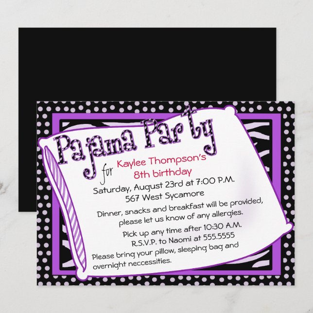 Invitation Pajama Party en noir et violet (Devant / Derrière)