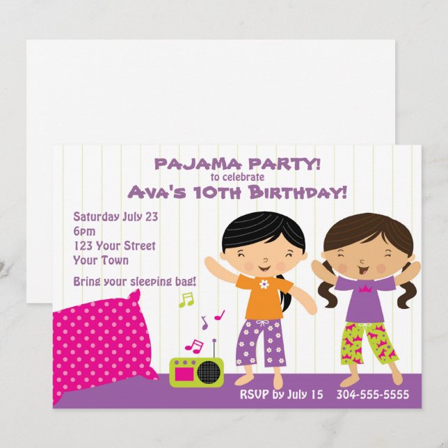 Invitation Pajama Party for Girls (Devant / Derrière)
