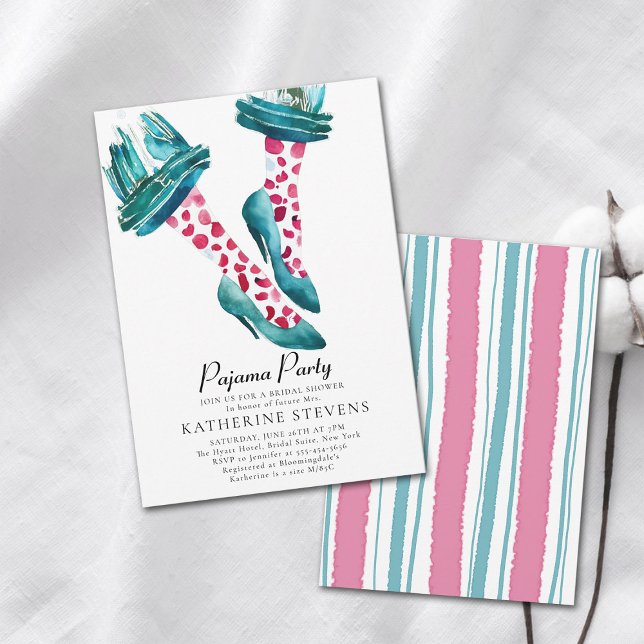 Invitation Pajama Party rose Turquoise PJ Stilettos Fête des  (pajama party bridal shower invitation whimsical watercolor unique original art pj stilettos cute)