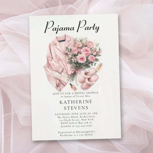 Invitation Pajama Party Roses  Fête des mariées Champagne (pajama party bridal shower pj slumber sleepover champagne roses watercolor pink elegant classy)