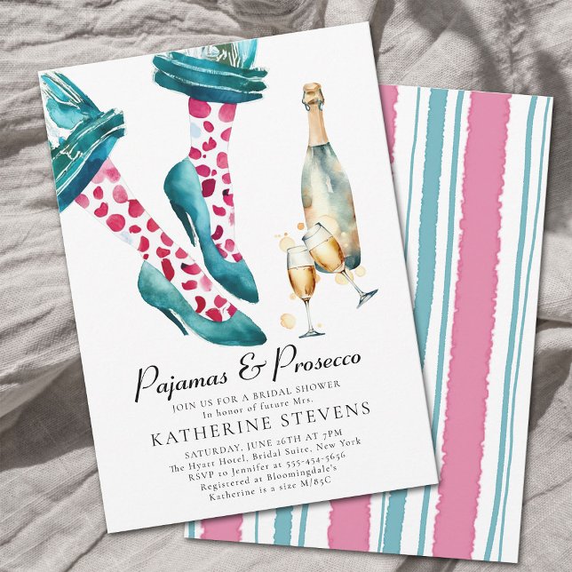 Invitation Pajamas Prosecco Lingerie Party Fête des mariées r (pajamas and prosecco high heels pj party bridal shower invitation watercolor hot pink teal polka dot)
