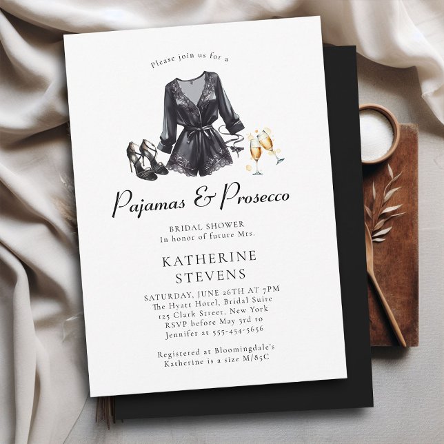 Invitation Pajamas Prosecco PJ Black Lingerie Fête des mariée (pajama pj lingerie party bridal shower invitation black night robe champagne pajamas prosecco classy)
