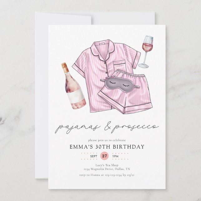Invitation Pajamas Prosecco PJ Party Blush rose 30e anniversa (Devant)